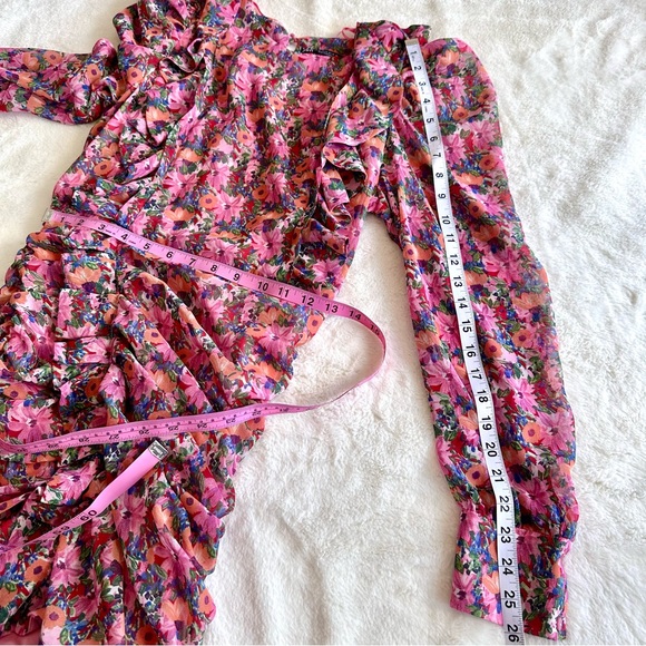 ZARA Floral Draped Mini Pink Dress Crewneck Puff Shoulders XS - Picture 7 of 11
